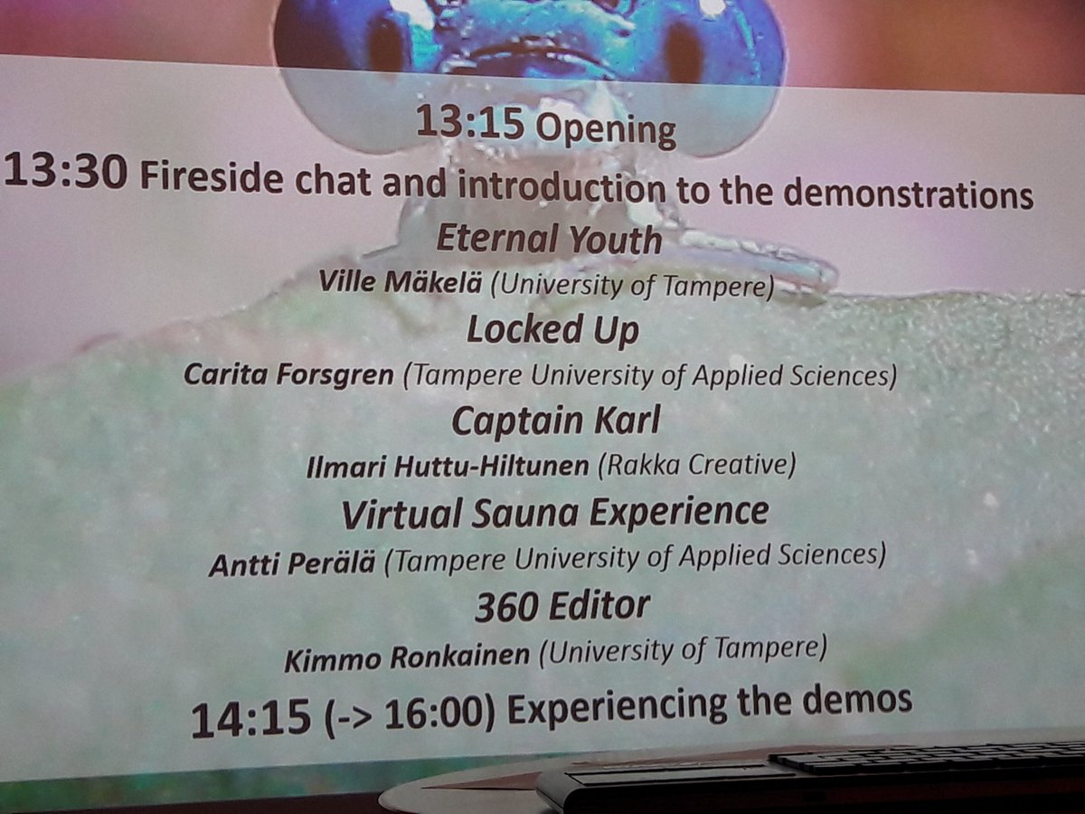akepanen's tweet photo. #mindtrek Side event #360friday @UniTampere tutustumassa mm. virtuaalisaunomiseen, #VR meditaatioon, 360 editointiin ja lentoaseman logistiikkaan #360videos #ammatillinenkoulutus ja #tvtedu nรคkรถkulmista @kovalpiko ja Ruut Kyyrรถn kanssa. Lรถytyihรคn sieltรค sisรคltรถjรค ja ideoita! https://t.co/l6UMmuOxZt