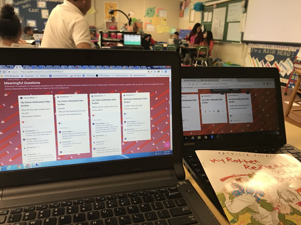 FCPSmsmyersEL's tweet photo. Using small group time in station rotations to give immediate feedback via padlet about meaningful and non-meaningful questions from the S’s reading group book. The students are engaged, looking back to the text, and thinking about their peers questions. #blended #FCPSVanguard 👩🏻‍🏫 https://t.co/R6vikmhn7f