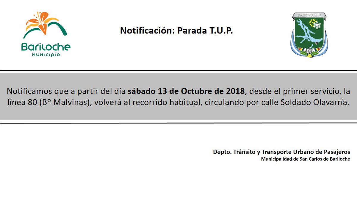 MiBusBariloche's tweet photo. ¡Buenos días estimados pasajeros! 

Les comunicamos la mas reciente notificación de la Subsecretaria de Tránsito y Transporte de la Municipalidad de San Carlos de Bariloche. https://t.co/EailXLo3RG