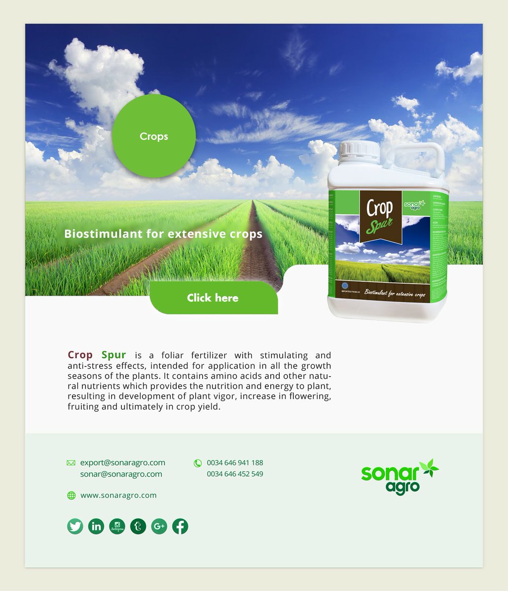 Crop Spur is a foliar fertilizer with stimulating and anti-stress eﬀects, intended for application in all the growth seasons of the plants.

sonaragro.com/en_crops.html#…
