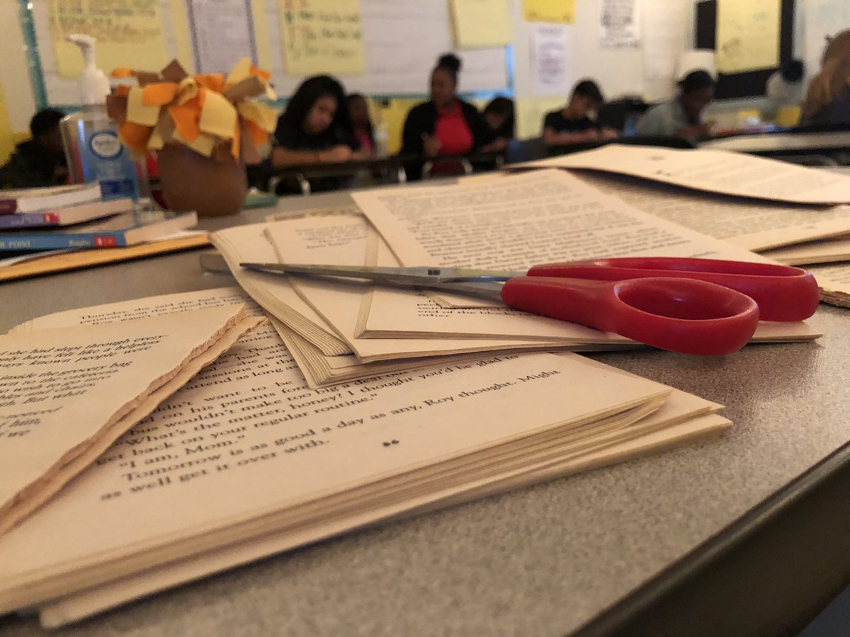 AshMc28's tweet photo. I wouldn’t usually condone cutting up books, but its for the creative use of our incredibly talented students! Blackout poetry in 7th ELA. @CrandallMiddle #FuninELA #FunFriday #AdventuresatCMS https://t.co/iajtJl2xTt