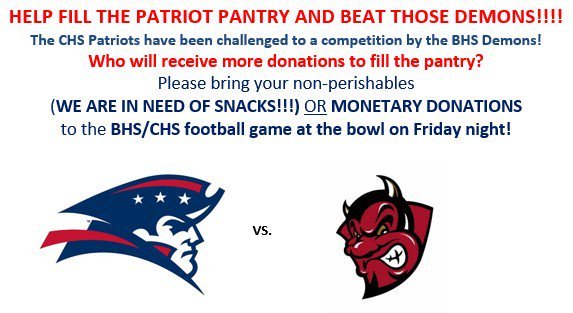 CHSpatriotsAD's tweet photo. Don't forget to bring your non-perishable food items or $ to the @chspatfootball game @ the bowl tonight (7pm) as BHS/CHS take on each other in a food drive before the game.  Come out and support the Pats on and off the field.  Tonight's game is not televised.  #rollpats https://t.co/bwQlxOutwT