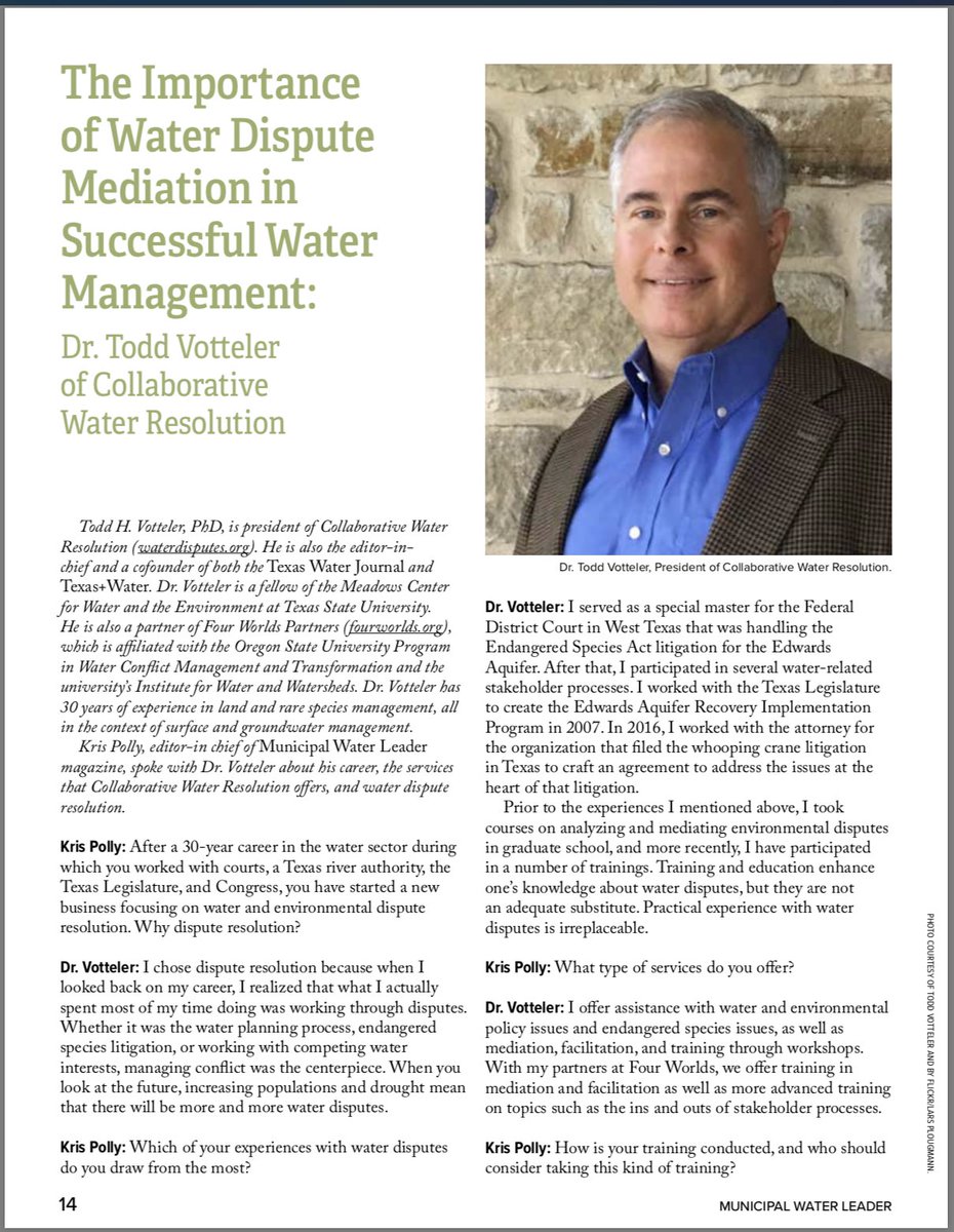 WaterDisputes's tweet photo. Collaborative Water Resolution principal, Todd Votteler, interviewed by Municipal Water Leader’s Editor-in-Chief, Kris Polly, regarding mediating water disputes. https://t.co/jRsWFXZ3dS. #watersecurity #mediation #mediationawarenessweek #collaboration #waterconflicts #water https://t.co/EDRjskPF7A