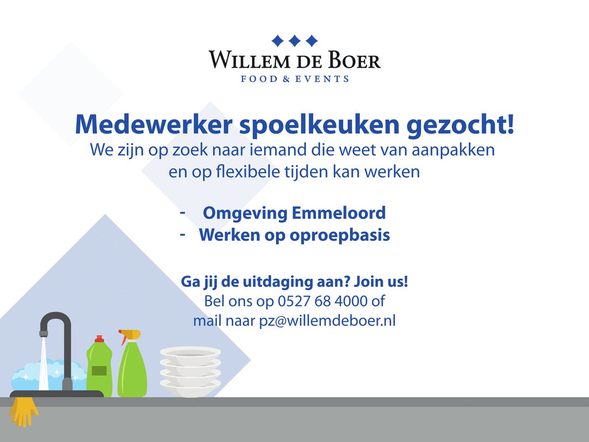 VACATURE
Ben jij flexibel inzetbaar en op zoek naar een baan? 
Solliciteer dan bij ons als medewerker spoelkeuken!
willemdeboer.nl/vacature-spoel…