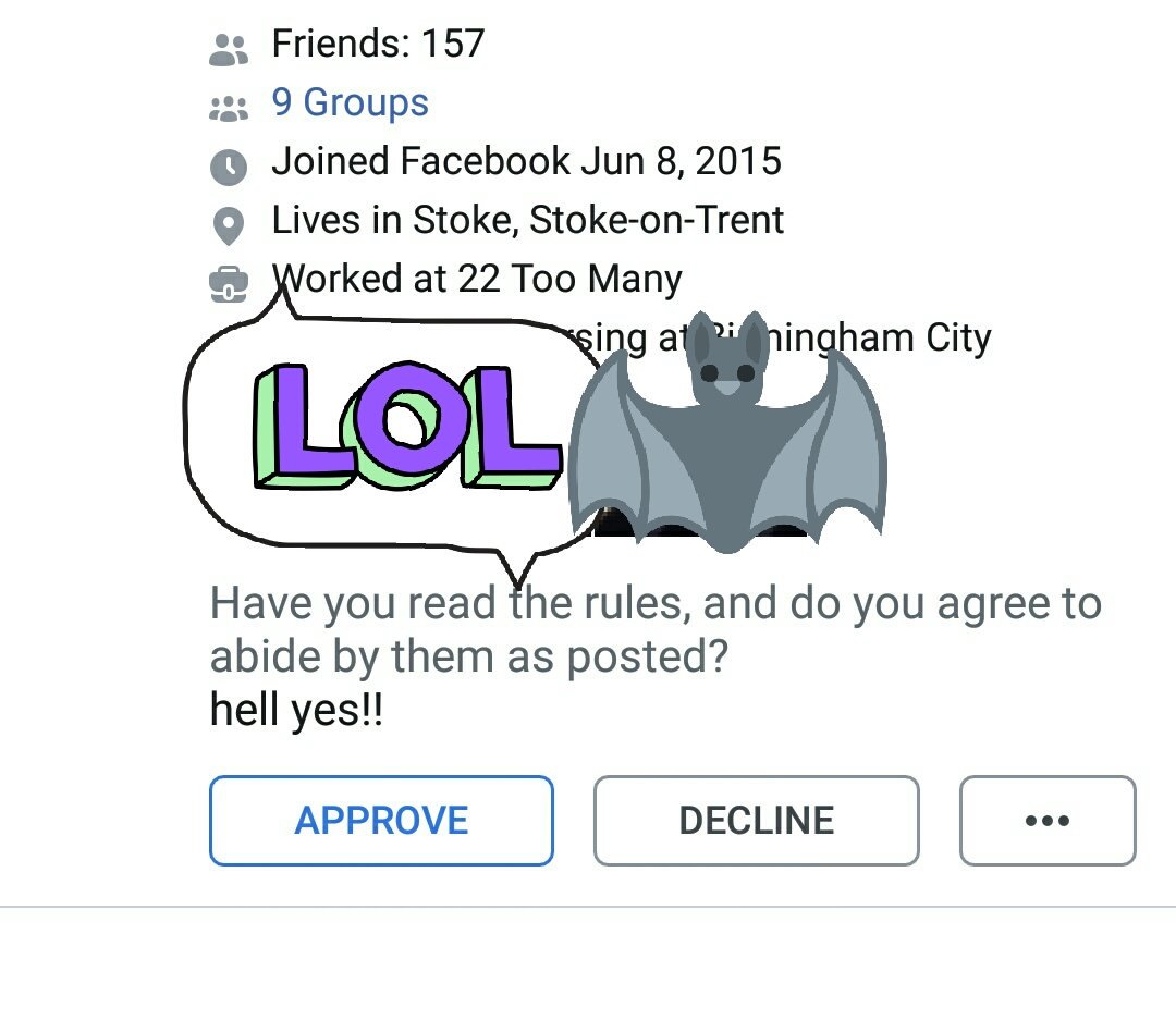 ExpletiveZee's tweet photo. Hey look, we got our first sneakypants ermagerd Satanists join request! How obvious can you be? 😂 #SatanicNC https://t.co/cQrm8alrvB