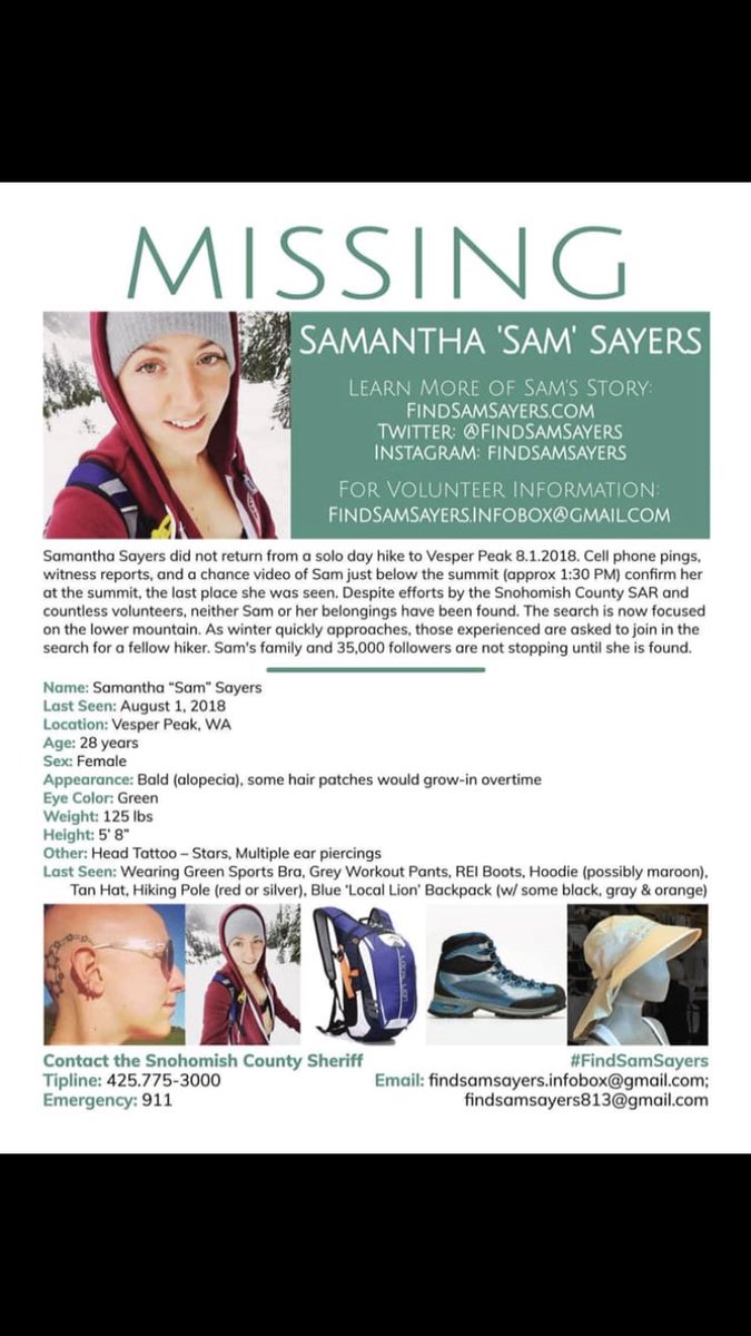 @FindSamSayers #FindSamSayers @TuckerCarlson @FoxNews @seanhannity @TIME @ABC @foxandfriends #until #todaysam please spread Sams story, her family needs help finding her on Vesper Mountain