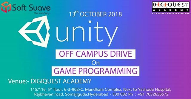 dgquestacademy's tweet image. OFF CAMPUS DRIVE  On UNITY Game Programming is being  Organized on Tomorrow.

Company Name: Soft Suave Technologies
Position: Software Game Developer
Venue : Digiquest Academy, Somajiguda, Hyderabad.
Contact: Manohar- 9884238708
#unitygamedeveloper #soft… ift.tt/2NDFVfQ
