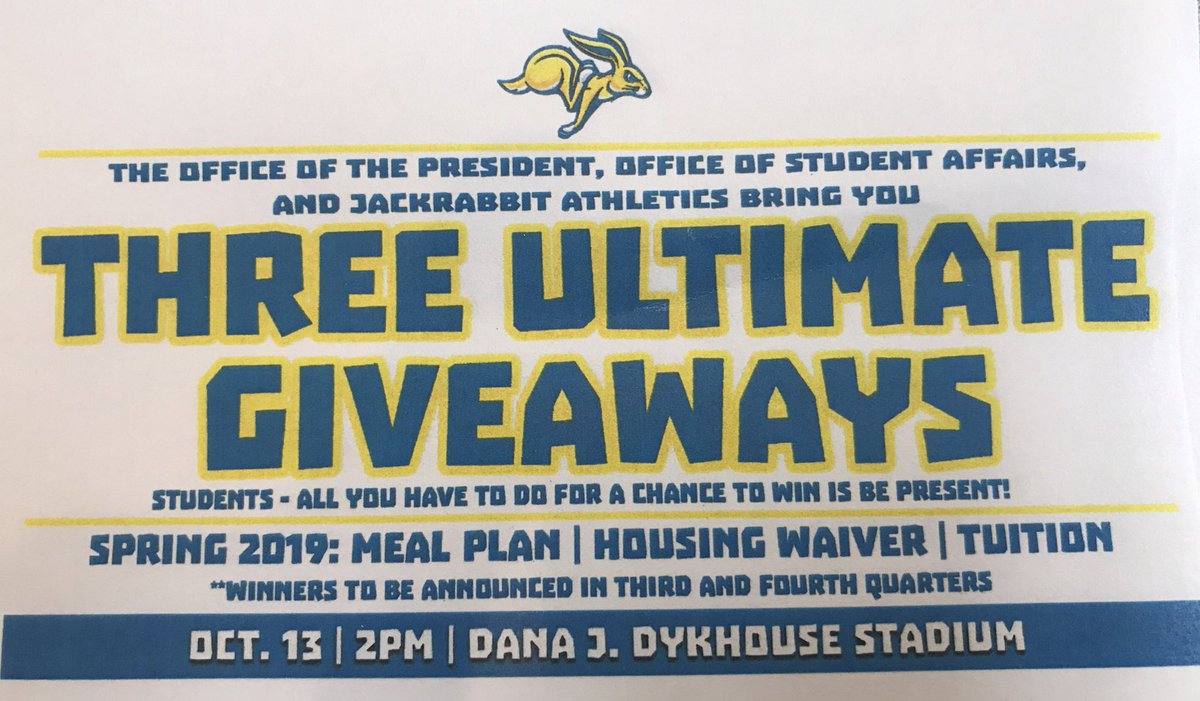 Coach_Spencer11's tweet photo. Students! SDSU is giving away FREE Tuition, Meal Plan, and Housing Waiver at the football game this saturday! See ya there! #GoJacks https://t.co/0c6pgUQUH3