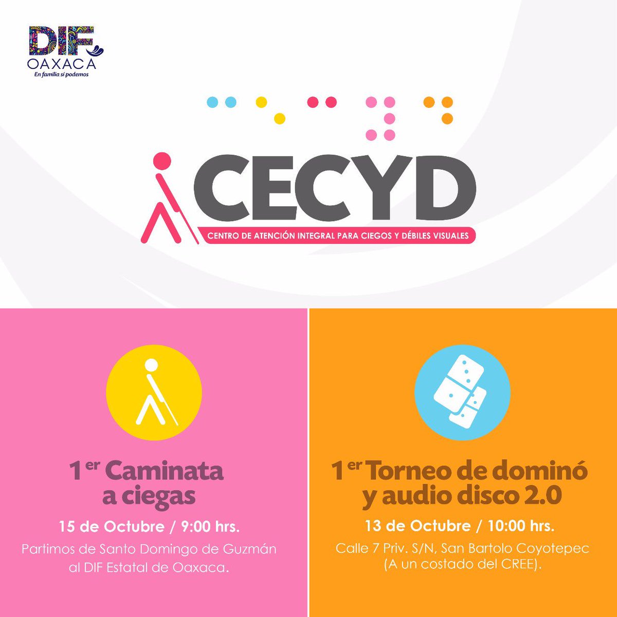Amigos, están cordialmente invitados, mañana al torneo de dominó y audiodisco y el lunes caminata a ciegas por el #díaMundialDelBastónBlanco. #CECYD #OaxacaIncluyente <a href="/BlancaIslasM/">Blanca Islas</a> <a href="/chuchougalde1/">Jesús Ugalde López</a> <a href="/IvetteMurat/">Ivette de Murat</a> <a href="/AGUSMARTE/">🇲🇽Agustín Marte Pérez Córdova</a> <a href="/PeatonVigilante/">Peatonsito en Oaxaca 🇲🇽 🦜♻️</a> <a href="/guillermogomji/">me cuido te cuido</a> @JC_SalamancaO