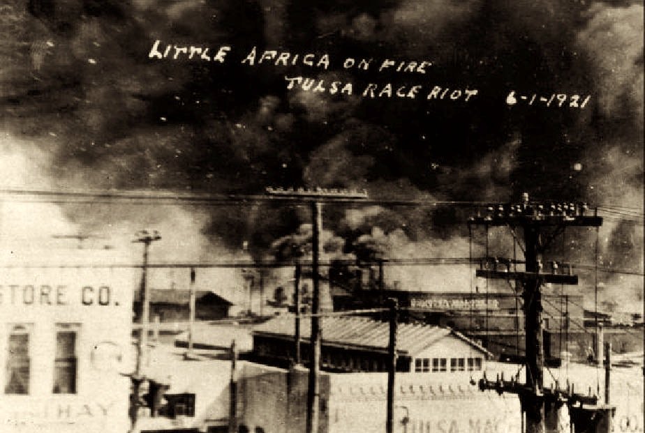 On May 31 and June 1, 1921, a group of rabid, racist white people mobbed through Greenwood killing hundreds of Black people & burning down almost the entire community in one of this nations's worst incidents of racial violence in its history. Known as the Tulsa Race Riots.