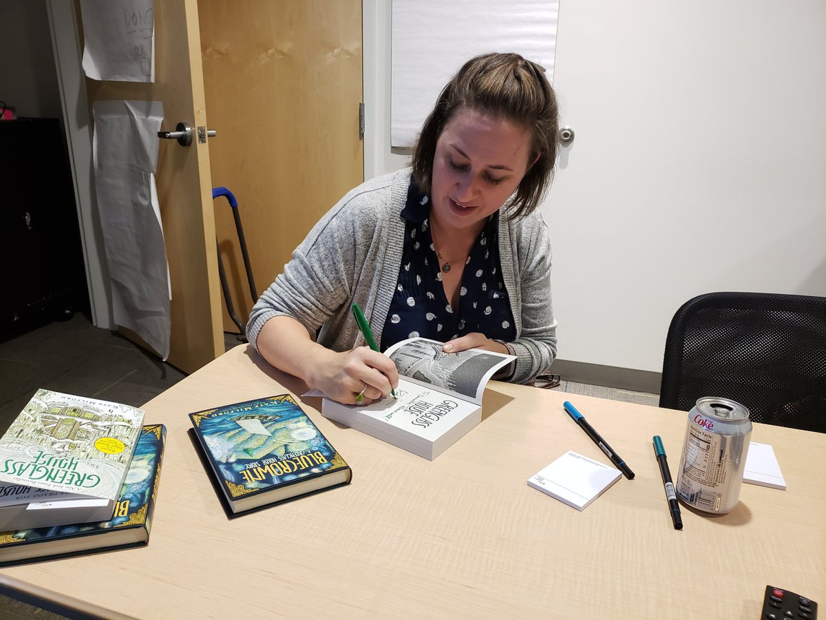 Booksource's tweet photo. 📚🎉 Author @KateMilford was at Booksource today to talk about her new book--and how she once dreamed of writing for @NKOTB. ☺️ We also scored copies of BlueCrowne and Greenglass House to give away to 3 LUCKY WINNERS. 

RT by 10/15 to enter! #giveaway #grownupsloveauthorvisitstoo https://t.co/m0UQkvoCql