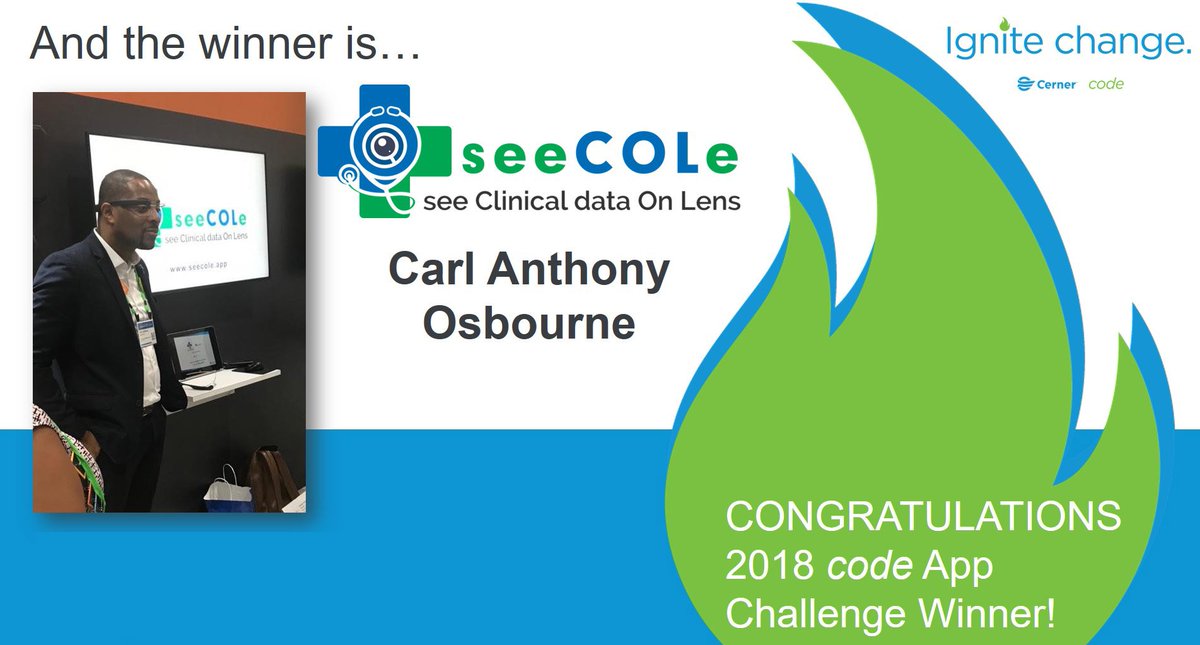 OracleHealth's tweet photo. Congratulations to @seeCOLe_app (see Clinical data On Lens), the winner of the #CHC18 #codeApps challenge! Learn more about the code Learning Lab and our commitment to open platforms at https://t.co/zWe84lQU7y. https://t.co/ozt1dawdmk