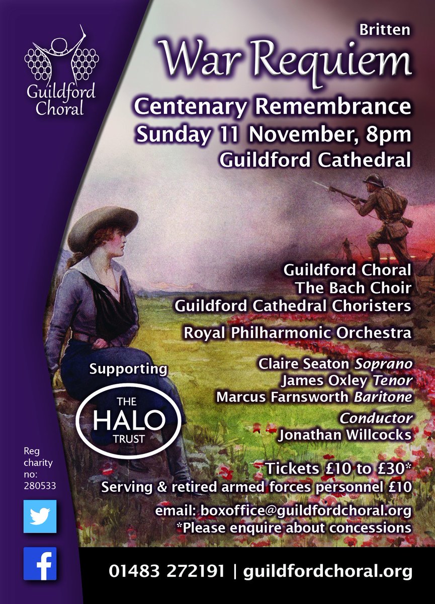 GuildfordChoral's tweet image. #BenjaminBritten: War Requiem
Supporting @TheHALOTrust
&apos;My subject is War, and the pity of War, The Poetry is in the pity...
All a poet can do today is warn.&apos;
Wilfred Owen
Sunday 11 Nov 8pm @GuildCath @GuildfordChoral
@TheBachChoir @rpoonline  @Willcocks_J @VisitSurrey @randamag