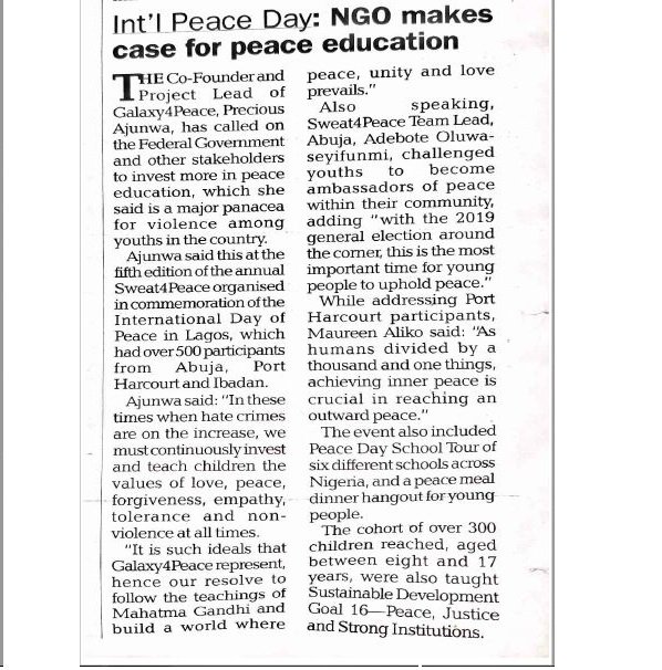 galaxyforpeace's tweet image. Check out #Sweat4Peace2018 media coverage in @vanguardngrnews . #Sweat4Peace #Galaxy4Peace #Vanguardnewspaper #peacebuilding #Abuja #Lagos #Portharcourt #Ibadan #SDGC18