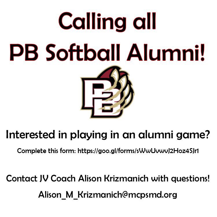 PB_Softball's tweet photo. Calling all PB Softball Alumni!!! 🗣 Interested in playing in an alumni game? Fill out this form: https://t.co/JFMFQbei7j @pbhs_sports https://t.co/uwoMHTzN7B