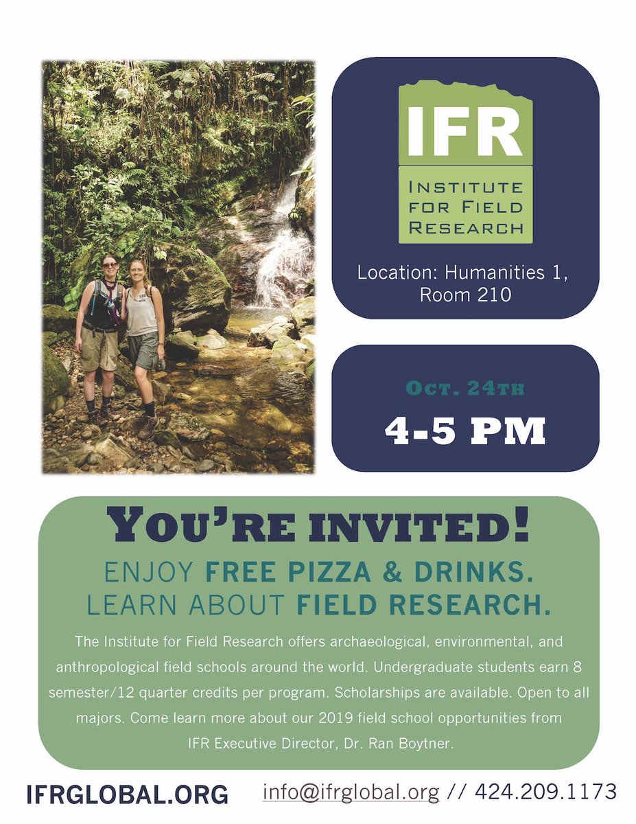 UCSCHistory's tweet photo. You're invited to the Institute for Field Research (IFR) field schools info sess! We hope to see you there on Wed, October 24. ๐ #ucsc #ucschistory #ucscarc https://t.co/wbvuAn4iD4