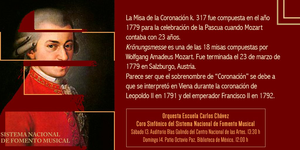 Es por mucho, la misa más popular del genio de Salzburgo y de las predilectas para interpretarse en salas de concierto. Este sáb13 - 13:30 y dom14 - 12:00 es el turno de la #OrquestaEscuelaCarlosChávez, el #CoroSinfónico y el #EnsambleEscénicoVocal #EntradaLibre