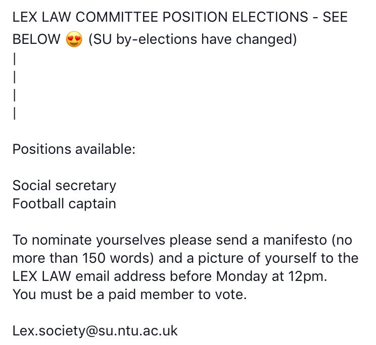law_ntu's tweet photo. COMMITTEE ELECTIONS -
HEAD OVER TO OUR FACEBOOK PAGE FOR MORE INFORMATION! 
Search NTU Law Society on Facebook! https://t.co/d8MKSlb4sB