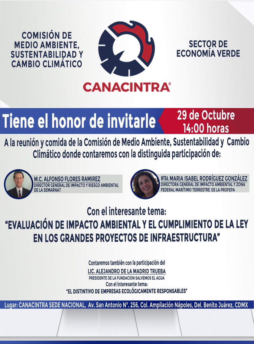 ComisionMedio's tweet photo. Acompañamos el 29 de octubre a las 14:00 horas. 
Contaremos con la participación del M.C. Alfonso Flores Ramírez, Director General de Impacto y Riesgo Ambiental de la SEMARNAT y la Mtra. Maria Isabel Rodríguez González, Directora General de Impacto Ambiental de la PROFEPA. https://t.co/JV79he5JDY