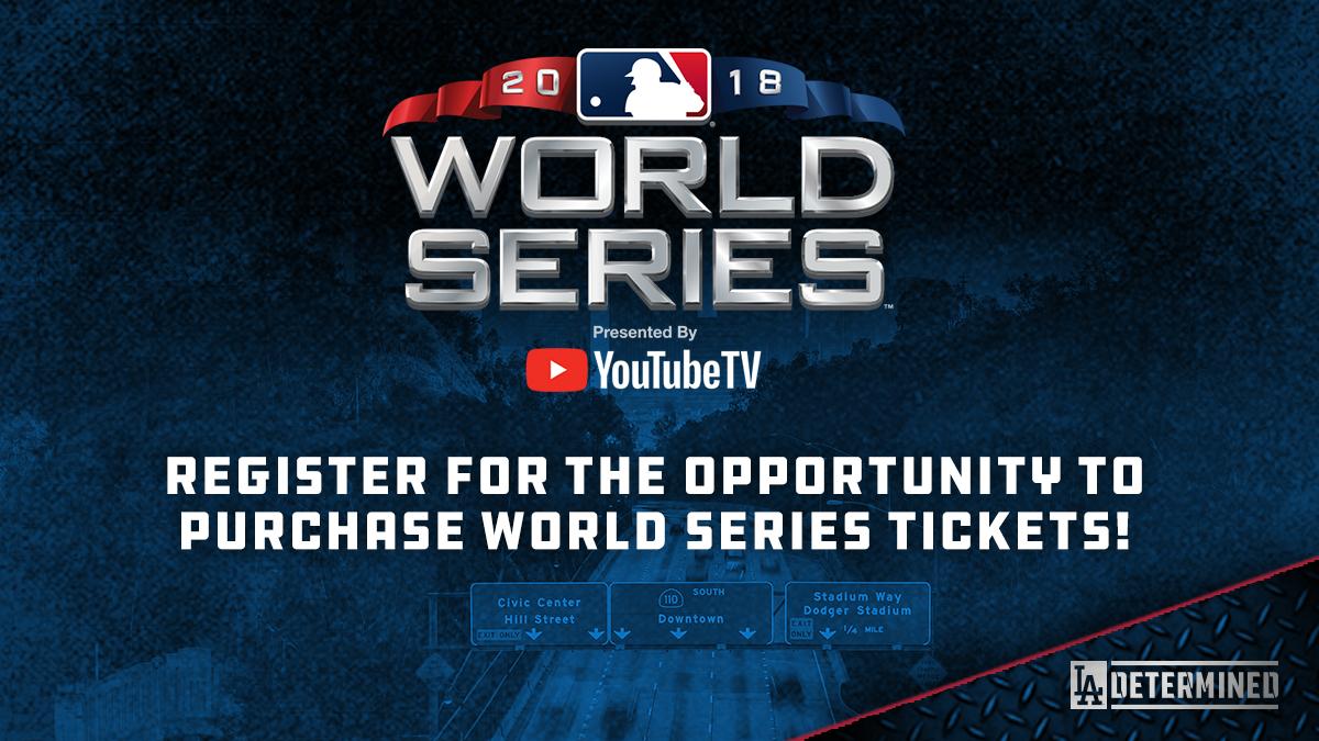 Dodgers's tweet photo. NLCS starts tonight. Four more wins and then the World Series. 

Register for the opportunity to purchase tickets to potential home games played at Dodger Stadium during the World Series! Visit https://t.co/lOkjtIwONG for more information. https://t.co/O47MTbyPpT