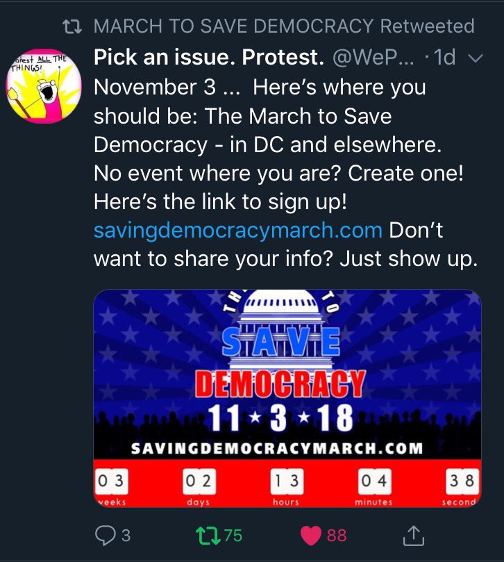 LaF3mm3Nikita's tweet image. We&apos;re mobilizing 72 hours before the midterms Sat Nov 3rd to energize a necessary BlueWave in order to #SaveDemocracy with a #MarchToSaveDemocracy 

Please follow @March2SaveD for details and look at images below for your area twitter accounts 
RETWEET 🙏🏼
savingdemocracymarch.com
