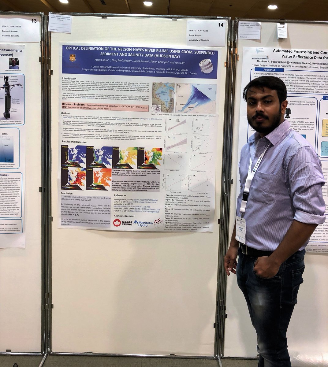 ceos_um's tweet photo. PhD student A.Basu from @CeosUofm attending the Ocean Optics XXIV Conference in Dubrovnik, Croatia. He has been working with the #BaySys project and is presenting "Detecting the Nelson-Hayes River Plume (Hudson Bay) using ocean color remote sensing data" @NSERC_CRSNG @umanitoba https://t.co/WQHDllokcW