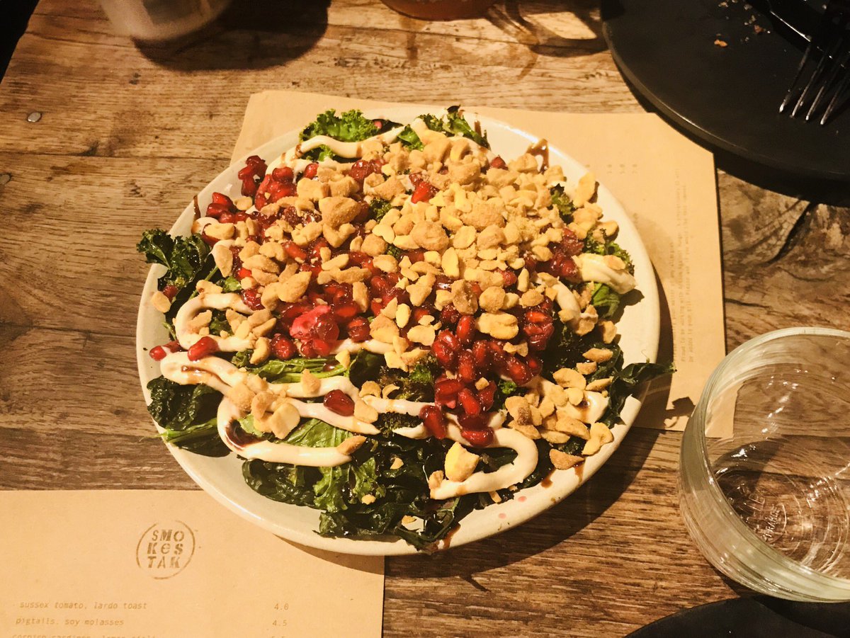 booksandwine76's tweet photo. From a food truck to one of Shoreditch’s finest! Porkbelly rib & cucumber pickle, charred greens with tahini, pomegranate & peanut, saltbaked beetroot with goat cheese & hazelnut, and winner winner Jackie P dinner, jacket potato with mustard rarebit @smokestakUK #schmoking https://t.co/SNV3NlNmaT