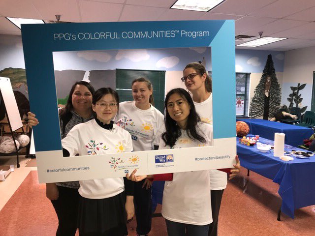PPG's tweet photo. Members of our Young Professionals Organization are on hand today @PghZoo painting animal scenes in classrooms for a #colorfulcommunities project at this year’s #ColorfulDayofCaring. @unitedwaySWPA https://t.co/J2dbLxvm5v