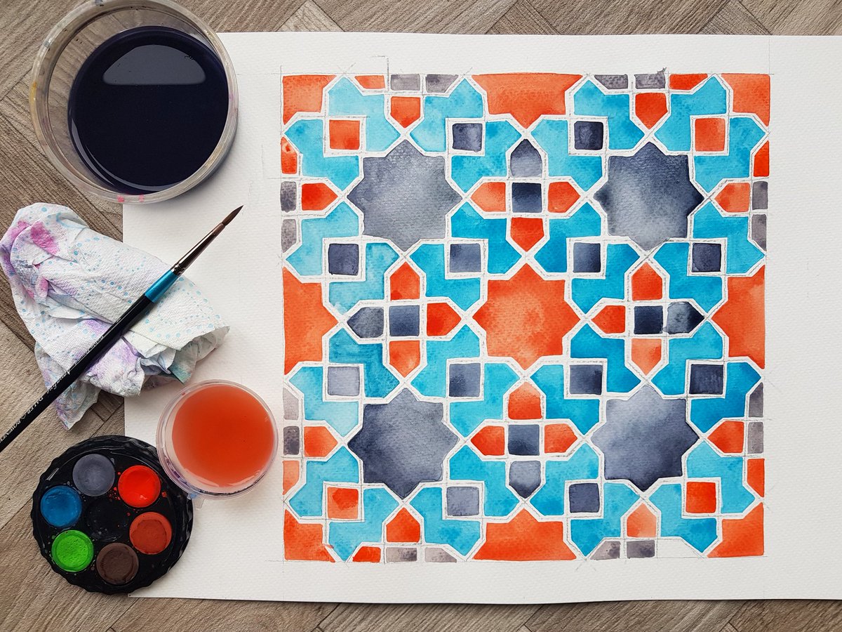 samira_mian's tweet photo. Doah! I missed a bit!
I was too busy taking too long staging the photo, wasn't I...Oh the social media lies we tell...or confess!? #islamicgeometricpattern #mughal #humayanstomb #pattern #colour #symmetry #islamicart #islamicgeometry #watercolour #painting https://t.co/b92HevVHy5