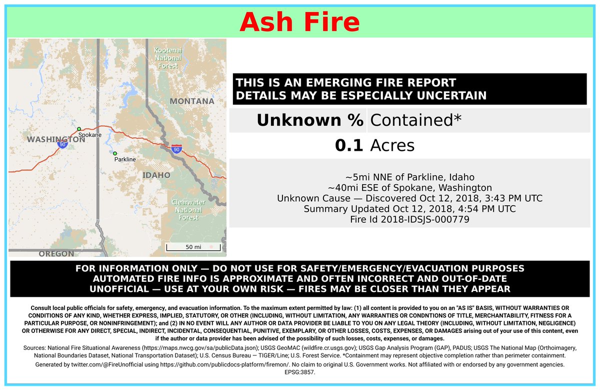 NRockFireBot's tweet image. Unofficial emerging fire report for #AshFire - details may be especially uncertain.
 ~5mi NNE of Parkline, Idaho. ~40mi ESE of Spokane, Washington. May be incorrect. Consult officials for safety info. Disclaimers in images.