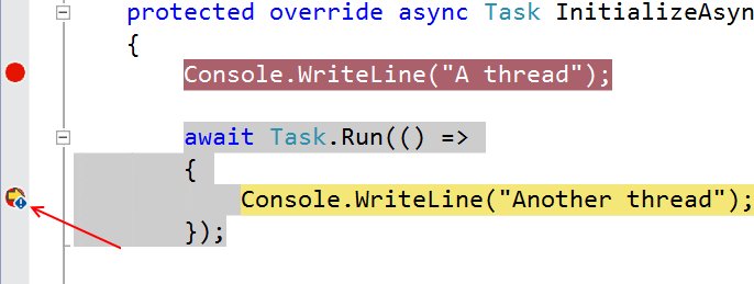 Visual Studio Tip:  A blue dot in the margin indicates a switch of threads while stepping through debugging. #vstip
