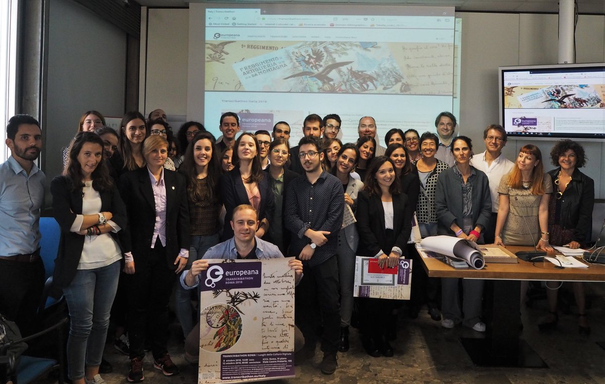 transcribathon's tweet photo. Congratulazioni ai vincitori! The winning teams of the Rome #Transcribathon are for Transcription Roma2, Presentation Roma6, Enrichments Roma1. Susanna &amp; Marta will be invited to Brussels to run at the European Transcribathon.  #WW1 @Europeana1914 @FFHistorians @iccu2  @UnivRoma3 https://t.co/hrcJ0F5ODq