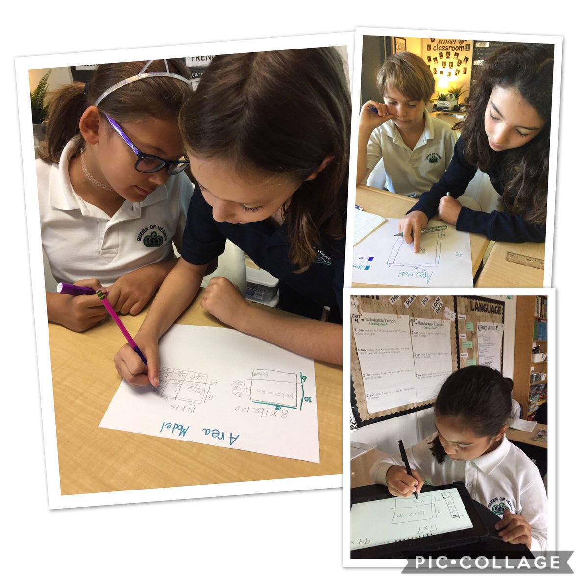 MissL_QoH7's tweet image. Student created anchor chart 👍🏼  Representing and applying some of the different strategies we can use to multiply 2-digit by 1 digit numbers (4) and 2-digit by 2-digit numbers (5). Area model was the favorite 🙌🏼 @QHMilton #hcdsbmath