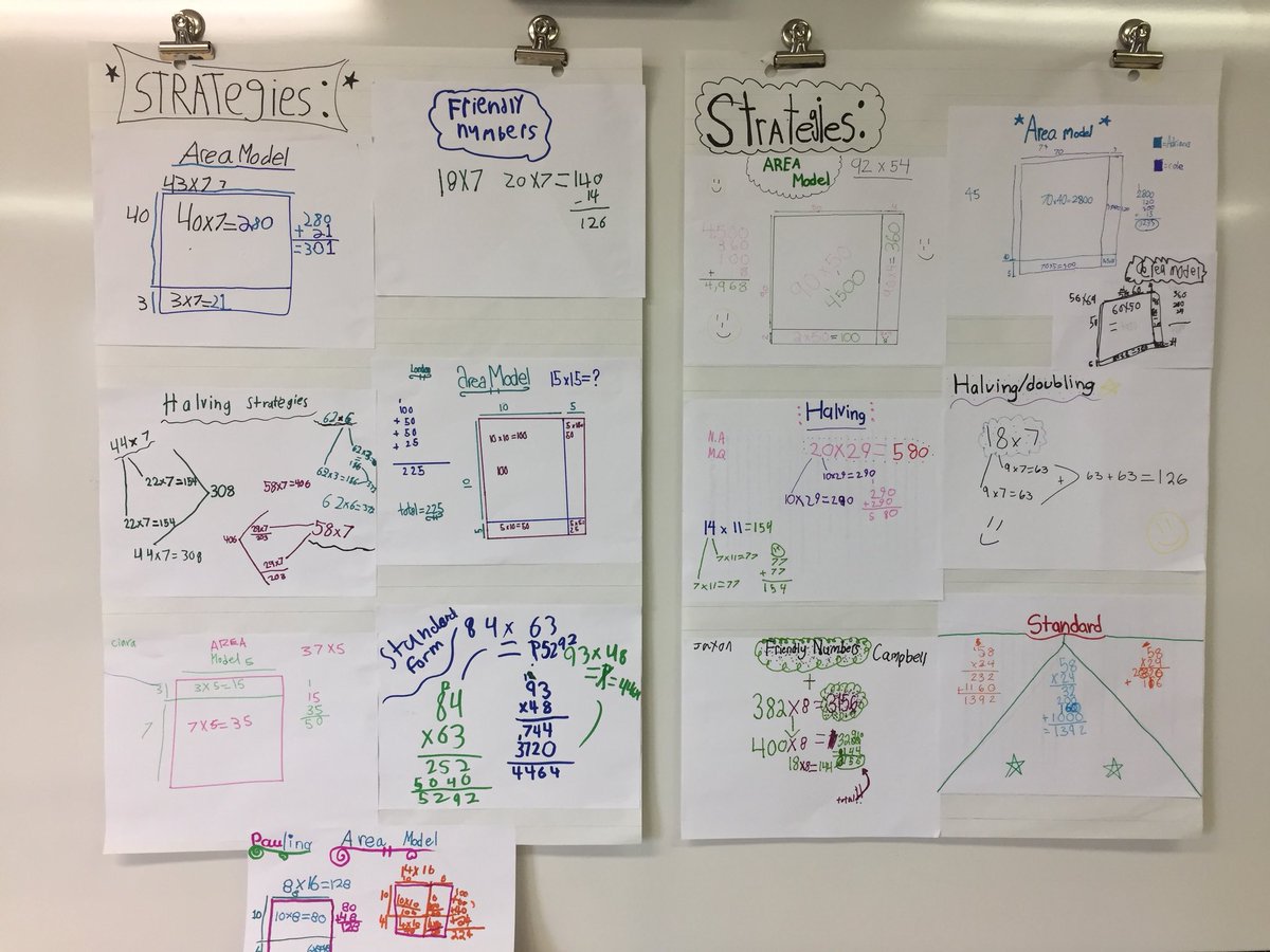 MissL_QoH7's tweet image. Student created anchor chart 👍🏼  Representing and applying some of the different strategies we can use to multiply 2-digit by 1 digit numbers (4) and 2-digit by 2-digit numbers (5). Area model was the favorite 🙌🏼 @QHMilton #hcdsbmath