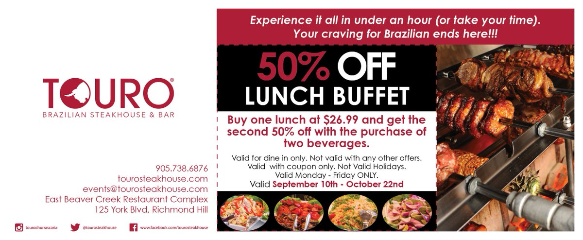 The 50% OFF lunch coupon is valid until October 22nd! You can't miss the last week to use it! Just bring this coupon and you can have the second rodizio for less. #lunchcoupon #torontorestaurants #braziliansteakhouse #rodiziogrill #lunchtoronto #moremeatplease #tourosteakhouse