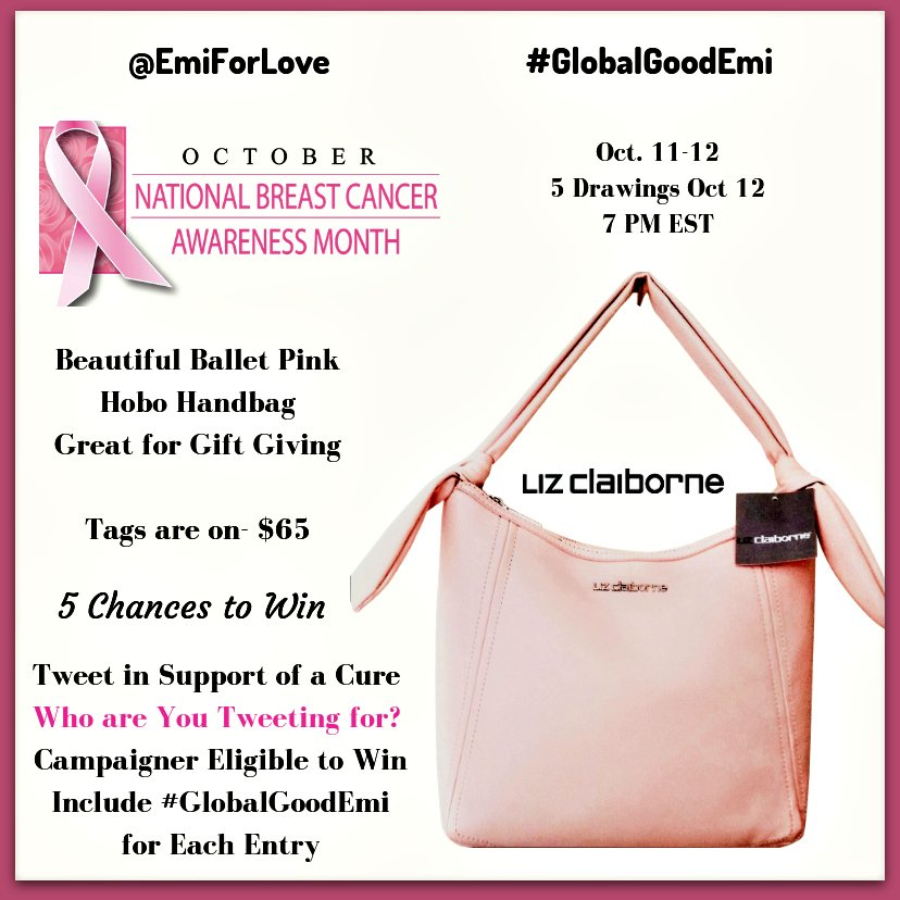 BetteH9's tweet photo. Congrats @MissMiles517 @EmiForLove's #GlobalGoodEmi #Tweetdraw #Winner #Gift #Giveaway for supporting #BreastCancerAwareness #TweetForACure Enjoy your Beautiful Liz Claiborne Ballet Pink Handbag! #Giveaways for Global Good!! https://t.co/11GbOBpJpL