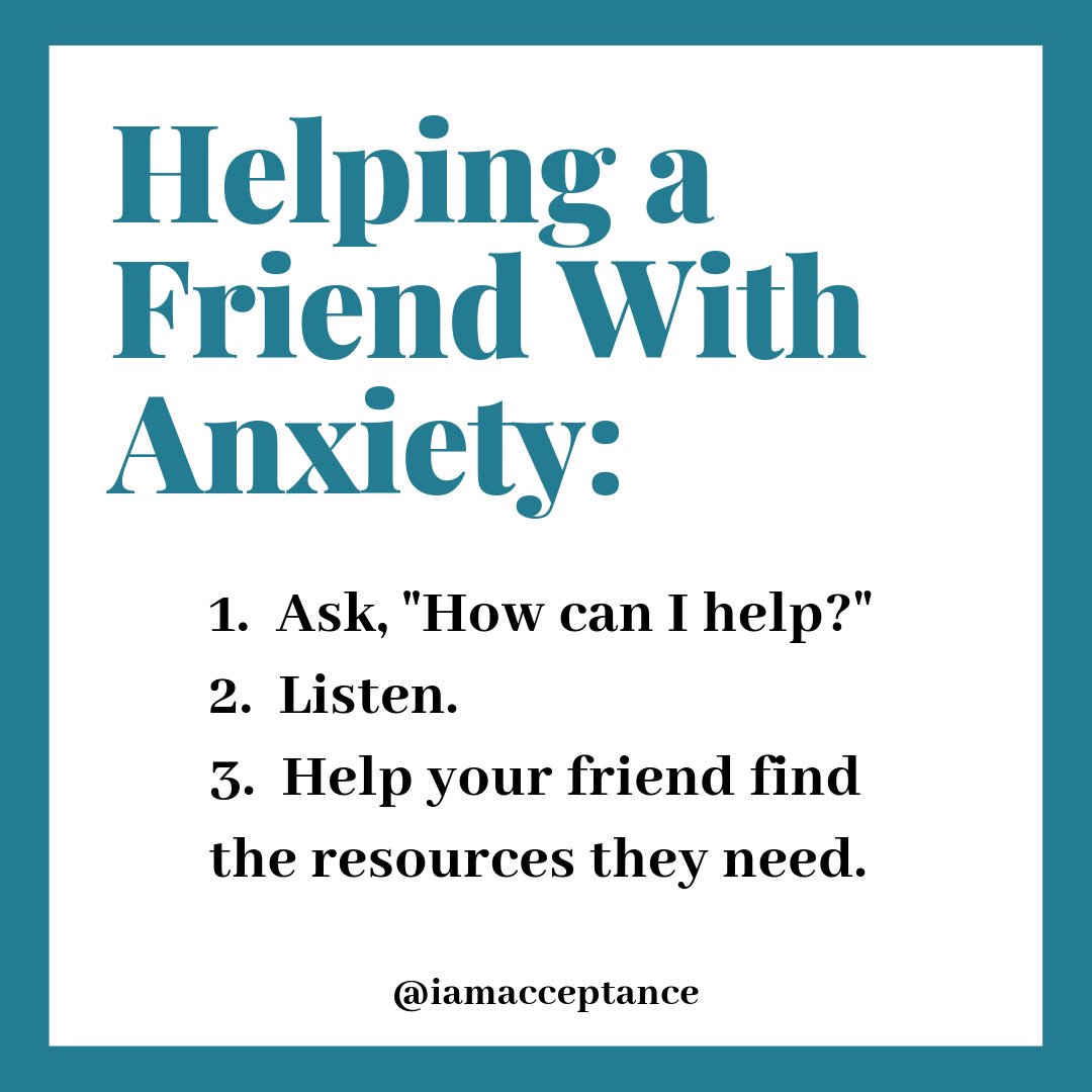 I_AM_Acceptance's tweet photo. How can you help a friend that’s experiencing anxiety?
1. Ask your friend, “How can I help?”
2. Listen, fully and sincerely.
3. Help and encourage your friend to find the resources that they need.
#anxiety #helpafriend #iamacceptance https://t.co/7ZslwQsvvJ