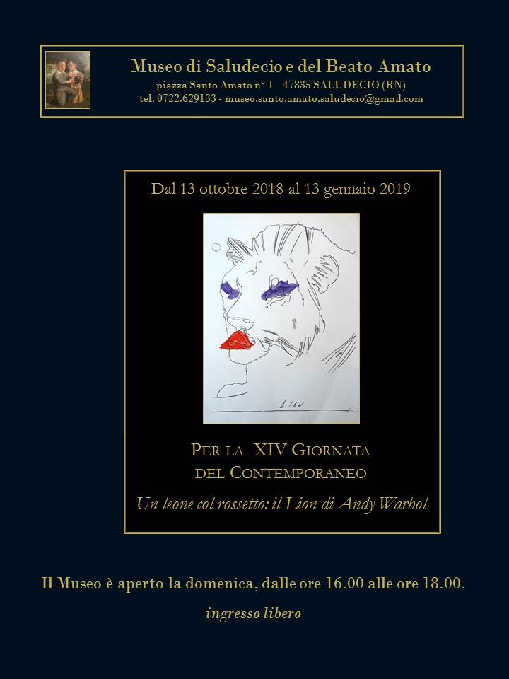Marco_Musmeci's tweet photo. Per la XIV #GdC Giornata del #Contemporaneo organizzata da  @AMACI_musei ..da domani Il #leone col rossetto di #Warhol al Museo di Saludecio e del Beato Amato. Ancora una volta l' #artecontemporanea è accolta nel #Museo dedicato a #SantoAmato da #Saludecio https://t.co/qeRgBpW8pq