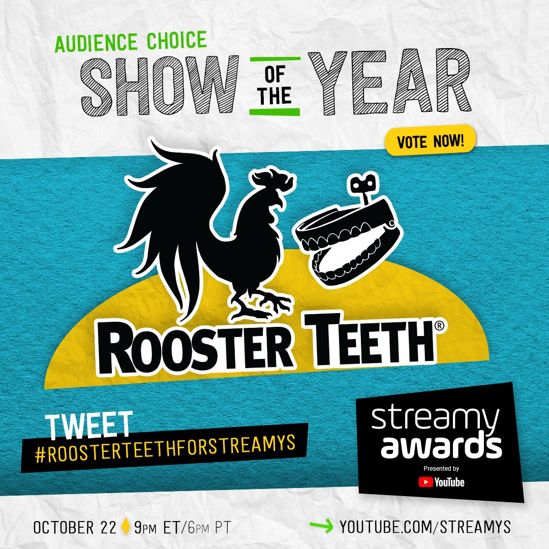 streamys's tweet photo. RT or tweet #RoosterTeethForStreamys to vote for @RoosterTeeth for Show of the Year at the #streamys! https://t.co/26pISi1kZl