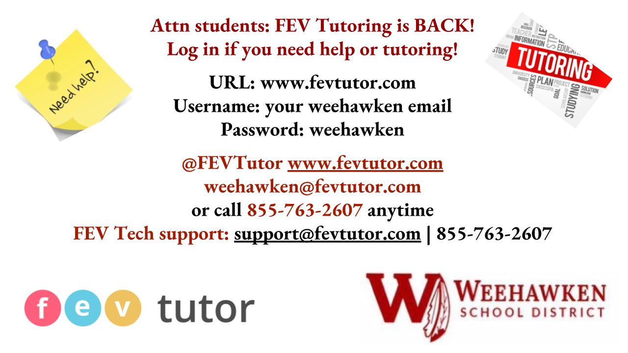 Francesca Amato on Twitter: "Attn WHS students: Need help with an  assignment or concept? Try @FEVtutor for one-on-one virtual #tutoring. Log  in with your student email address #FEVtutor @bcalligy @RobFerullo4  @WeehawkenFTBL @WHSGuidance53 @