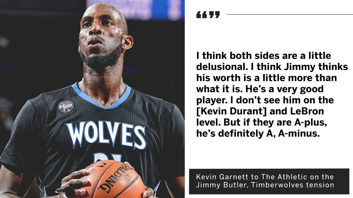 espn's tweet photo. Kevin Garnett gives his take on the drama between Jimmy Butler and the Timberwolves. https://t.co/fsMaSW7hdt