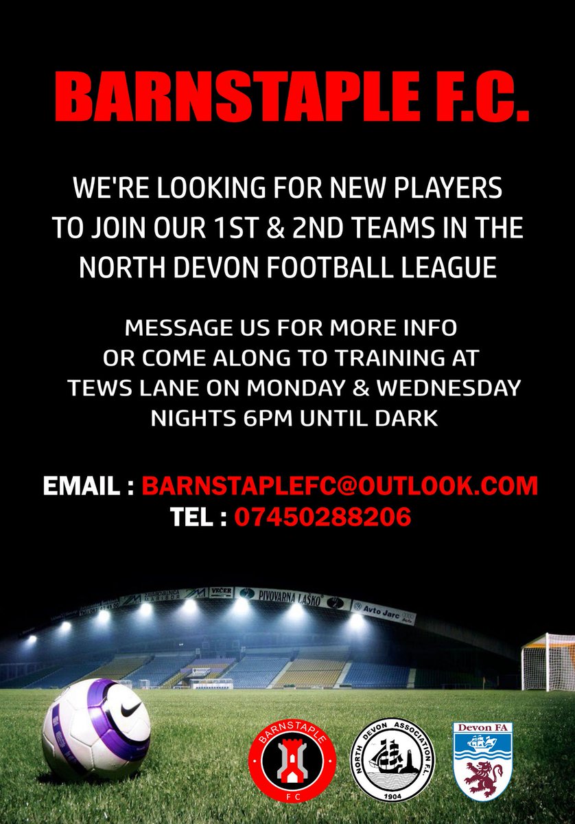 FcBarnstaple's tweet photo. Always looking for new players, anyone wanting to join a team or looking to get back into football please contact us. Details on picture https://t.co/5YfdevYl3o