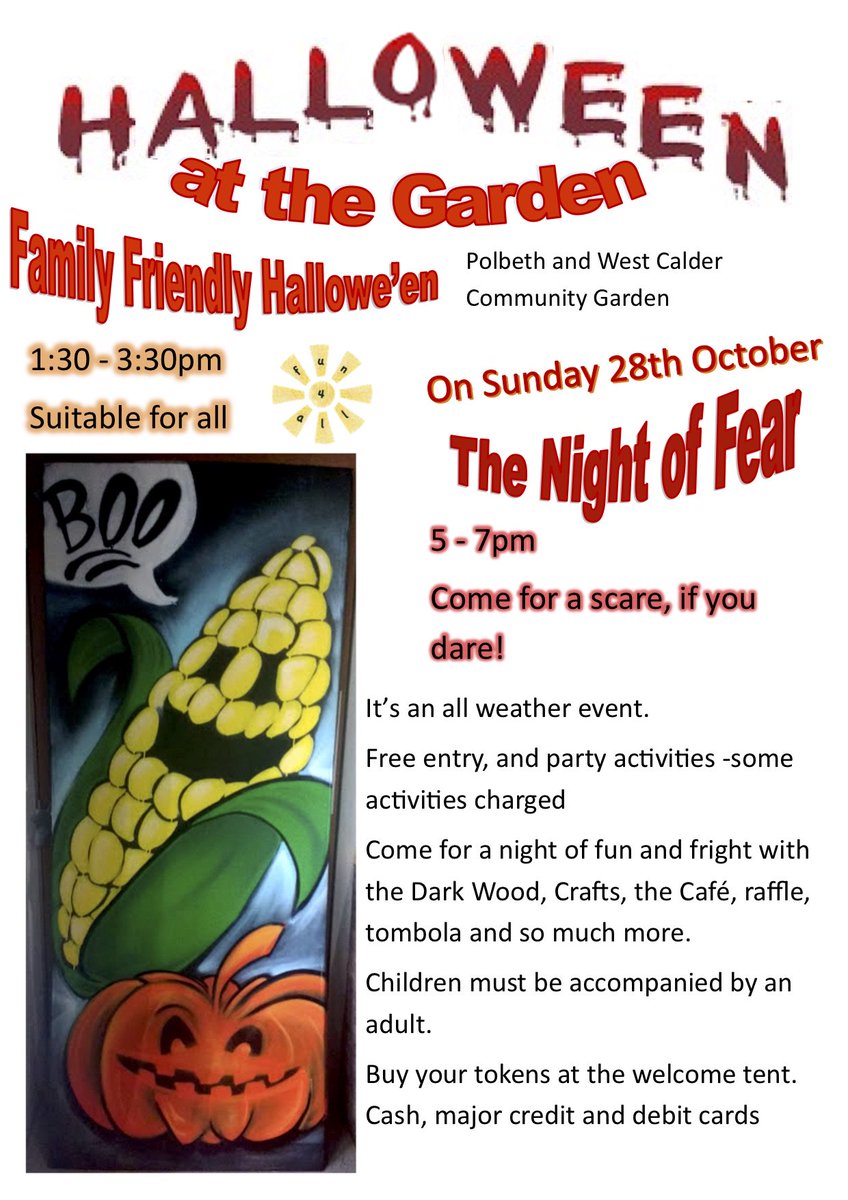 Hallowe'en at the Garden is coming soon! Our John Muir group aged 8-16  are organising and running this year's event, supported by Garden  volunteers. The afternoon from 1.30-3.30 is family friendly, lots of fun  activities for all, but beware because 5-7pm is the Night of Fear!