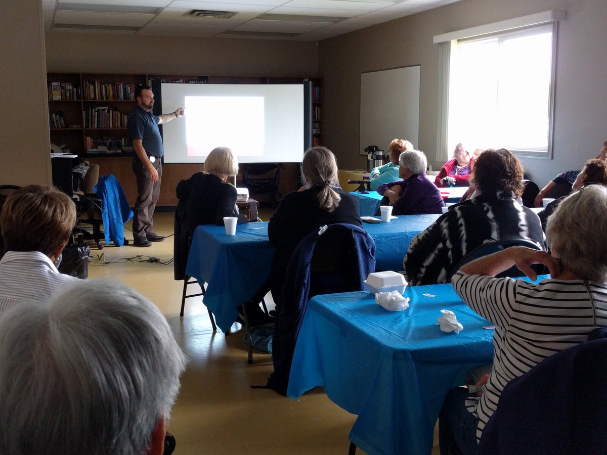 ACSAmherstburg's tweet photo. Thx @AburgPolice for stopping by to teach us a little bit about fraud prevention and common scams targetted to seniors in our community! Very informative! https://t.co/dXhiE7ESLL