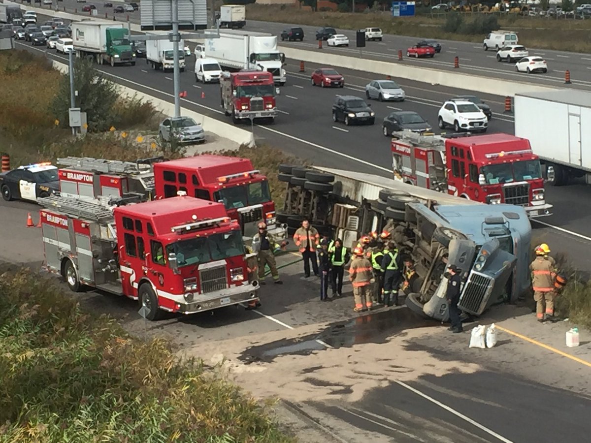 BramptonFireES's tweet photo. Rescue and Hazmat crews on scene at a truck rollover with fuel spill. Ramp to SB 410 from WB Steeles closed @BPFFA1068 @CityBrampton  ^hg https://t.co/lERDXj7SLk