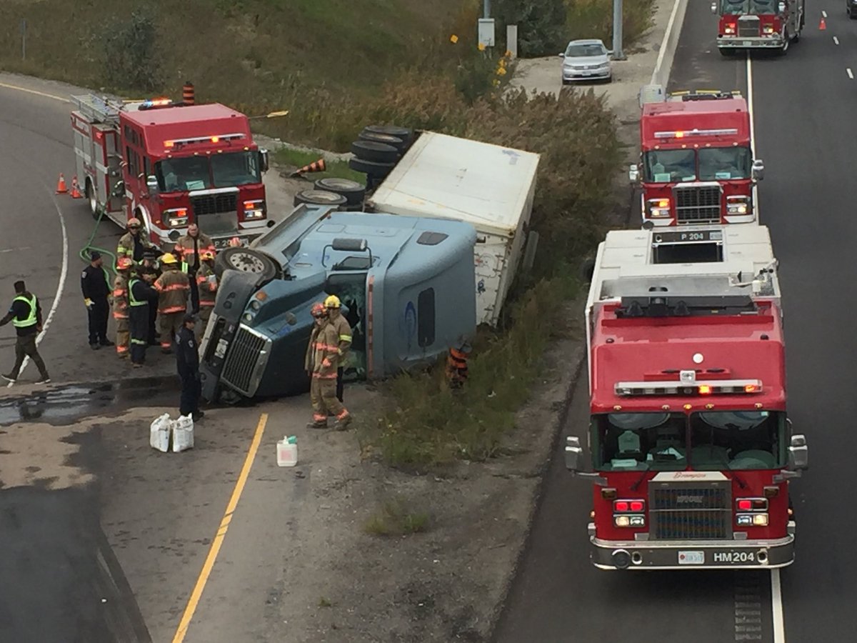 BramptonFireES's tweet photo. Rescue and Hazmat crews on scene at a truck rollover with fuel spill. Ramp to SB 410 from WB Steeles closed @BPFFA1068 @CityBrampton  ^hg https://t.co/lERDXj7SLk