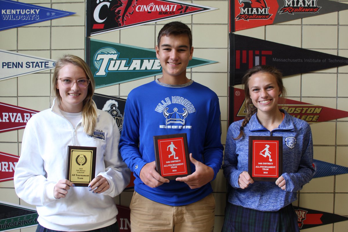 VillaMadonna's tweet photo. Congratulations to Anna Wagner (VB), Dominic Martin (BSoccer), and Maria Rice (GSoccer)! They were named to the All-District Tournament Teams!. @villa_vikings #wearevilla https://t.co/fNWTWEVQ4P