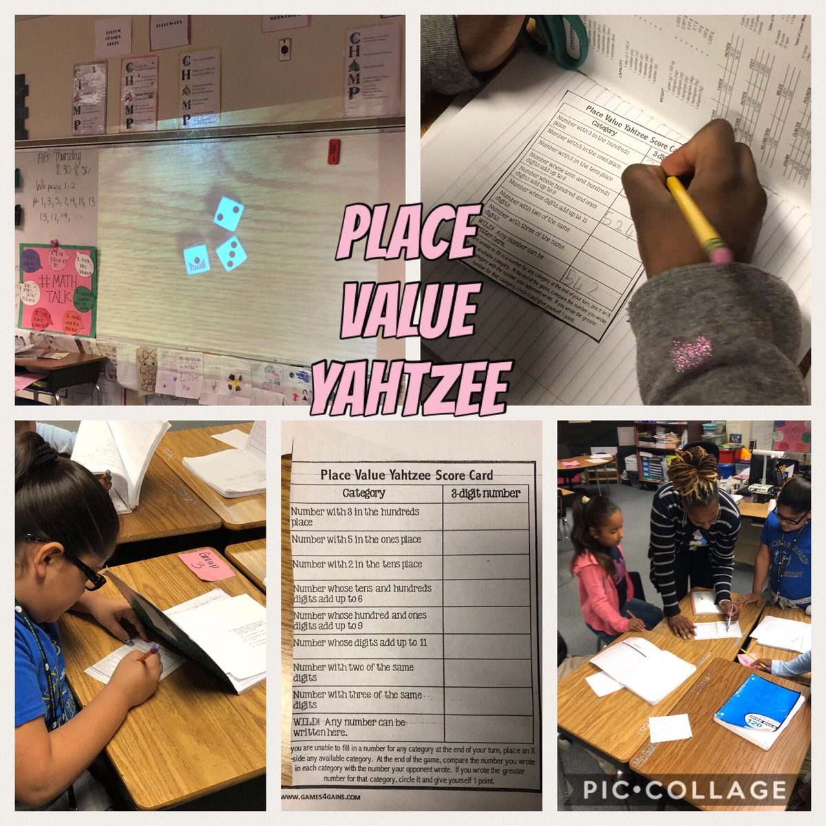 DaundraH's tweet photo. Making Math fun again!  YAHTZEE!!! #math #fun #yahtzee #placevalue @boonelementary @AliefMathK6 @AliefISD https://t.co/R6g12xROFe