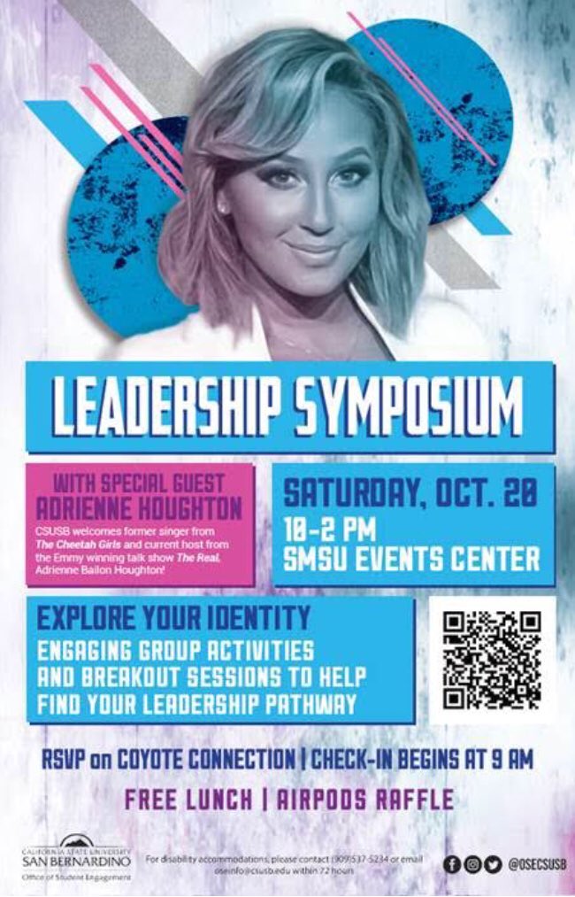 Adrienne Bailon Houghton coming to CSUSB!! Lead and influence your peers through engaging activities and more.                                                           

Make sure to join KSA in HP-120. If you have any questions send us a direct message.