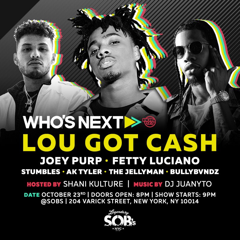 MEDIA ALERT - Sign up for media credentials for HOT 97's OCT WHO'S NEXT SHOWCASE featuring <a href="/Lougotcash/">Lougotca$h</a>, <a href="/JoeyPurps/">Young Purple 🏁</a>, <a href="/FettyLuciano/">Fetty Luciano</a> and more! Taking place Tuesday, October 23rd at <a href="/SOBs/">SOBs</a>!

Link: hot97.com/whos-next-oct-…